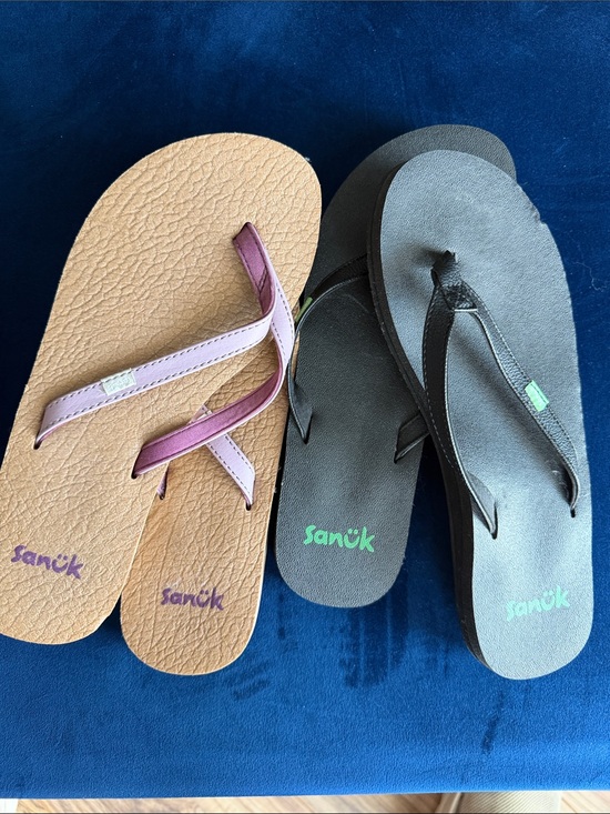 Sanuk Shoes - Sanuk Flip Flops in Tan with Purple Straps and Black with Green Logo
